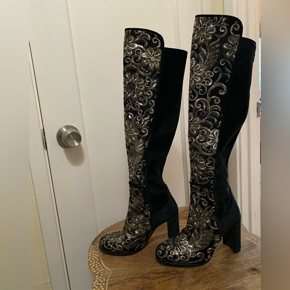 Stuart Weitzman Alljill Sequin Velvet 5050 Knee High Heeled go-go Boot noir - Picture 4 of 17